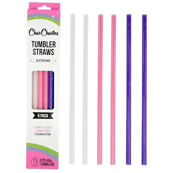 CharCharms 6 Glitter Plastic Straws for 40oz Tumbler- Pink, Purple & Clear - Picture 1 of 2